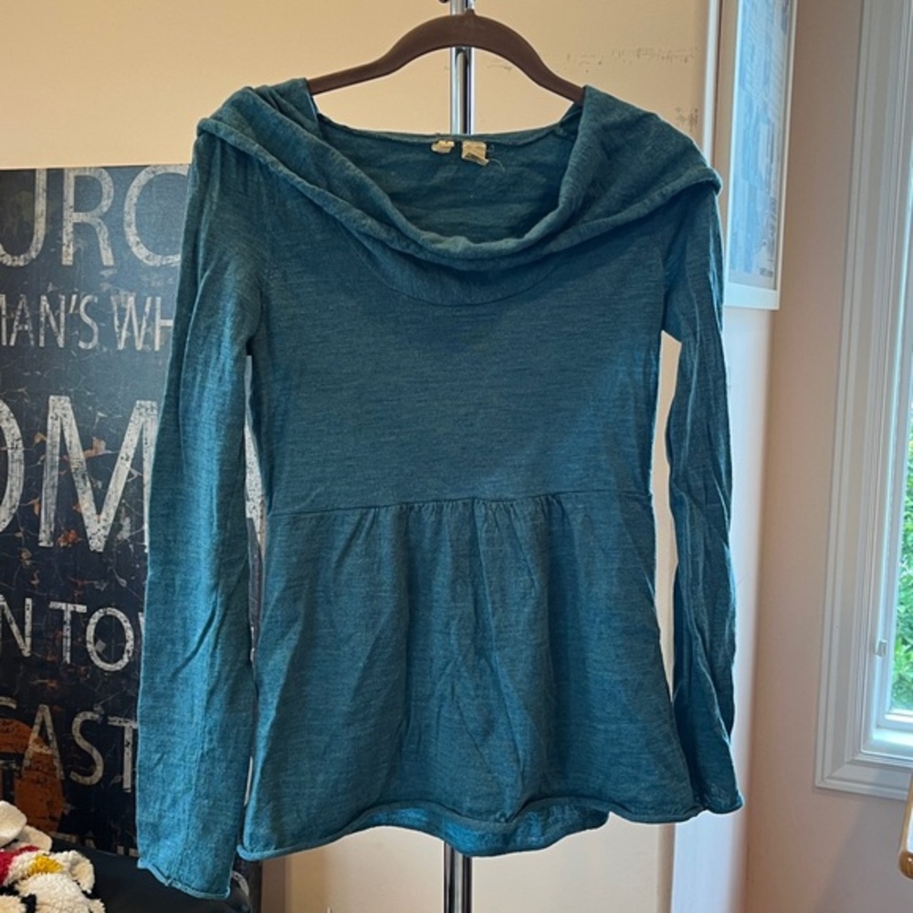 🧋Anthropologie Moth wool cowl neck sweater with hood roll hem peplum blue